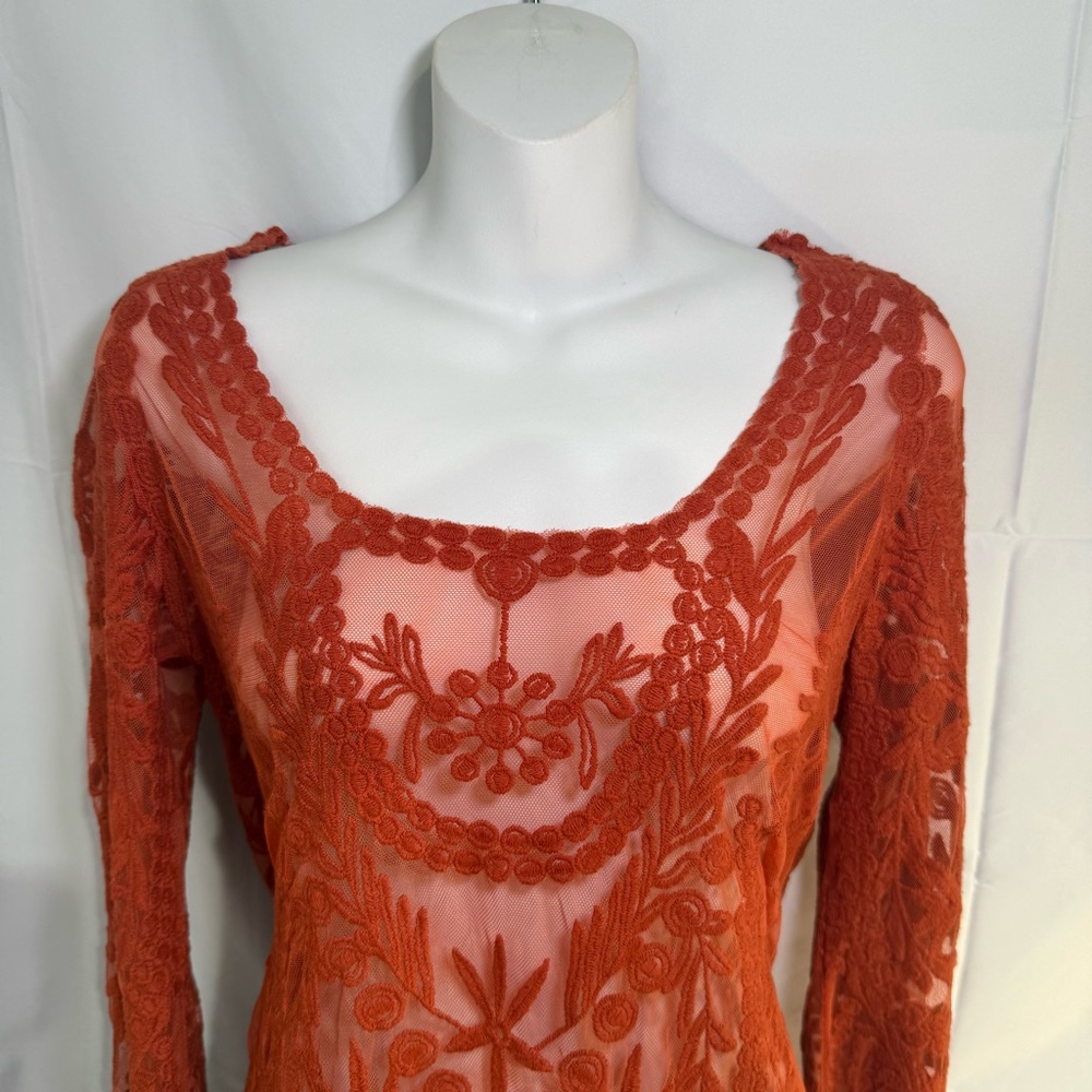 Umgee Burnt Orange Lace Sheer Boho Tunic Top Bell Sleeve M/L - Picture 3 of 11